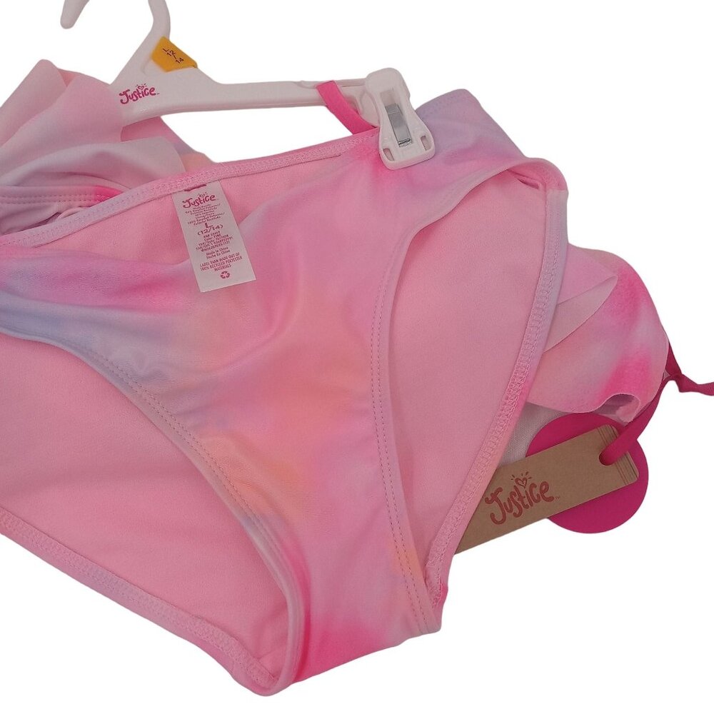 New Justice Girls Pink 2 Piece Bikini Size XL 16 18 Asymmetrical Ruffle Tie Dye - Picture 12 of 12